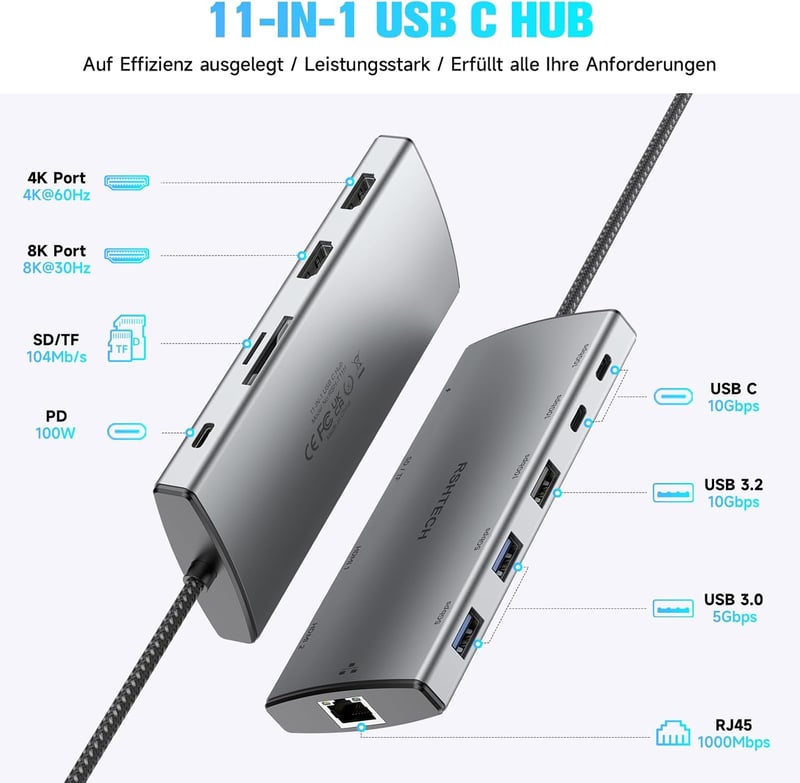 RSHTECH 11 az 1-ben MacBook Dokkoló - 8K/4K HDMI, USB 3.2/3.0, 100W PD, SD/TF, Gigabit Ethernet - Két Monitoros USB-C Hub Windows/Linux/Mac 