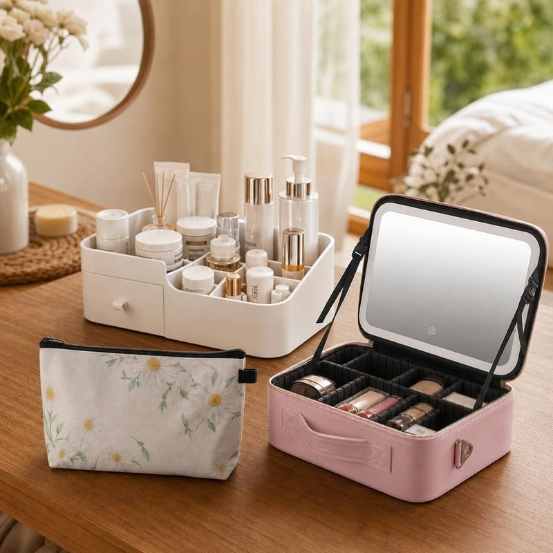 Set za organizaciju šminke: 1x kozmetička torbica + 1x organizator s pregradama + 1x torbica s LED ogledalom
