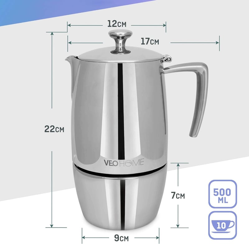 VeoHome Mokka Kávéfőző 10 Csészés 500ml - Rozsdamentes Acél Olasz Moka Kanna Indukciós, Gáz, Kerámia és Elektromos Főzőlaphoz - Dupla Szűrő 