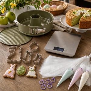 Set cofetărie începători: formă tort 26 cm + 4 forme iepuraș + 100 poșuri + cântar bucătărie