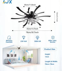 LJX Okos Mennyezeti Lámpa Ventilátorral 78 cm - Alexa és Google Kompatibilis, Csendes DC Motor, Szabályozható Fényerő, Téli/Nyári Üzemmód, F 6