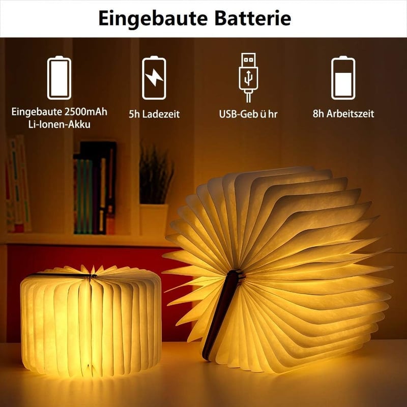 YUANJ Fa Könyvlámpa Meleg Fényű - Juharfa Borítású Összecsukható LED Olvasólámpa 2500mAh Akkumulátorral, Tölthető, Szabályozható Fényerő