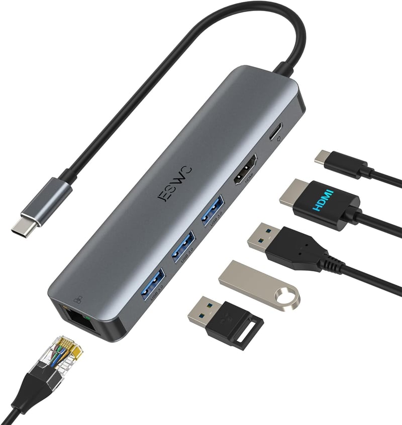 JESWO 6 az 1-ben USB-C Hub: 4K HDMI, Ethernet, 100W PD, MacBook és iPad Pro kompatibilis