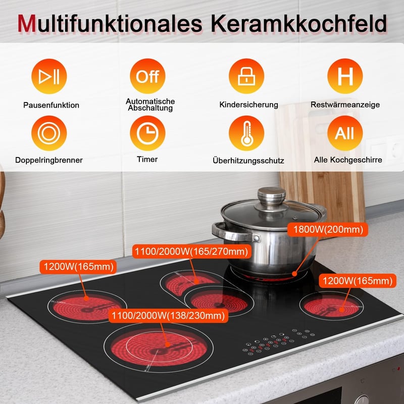 Karinear 77 cm-es Beépíthető Üvegkerámia Főzőlap 5 Zónával, 8400W, Érintőgombos, Időzítővel, Gyerekzárral, Túlmelegedés Elleni Védelemmel
