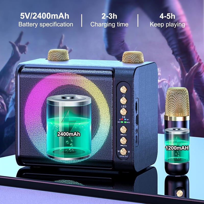 Hordozható Bluetooth Karaoke Rendszer 2 Vezeték Nélküli Mikrofonnal, 7 LED Fénnyel