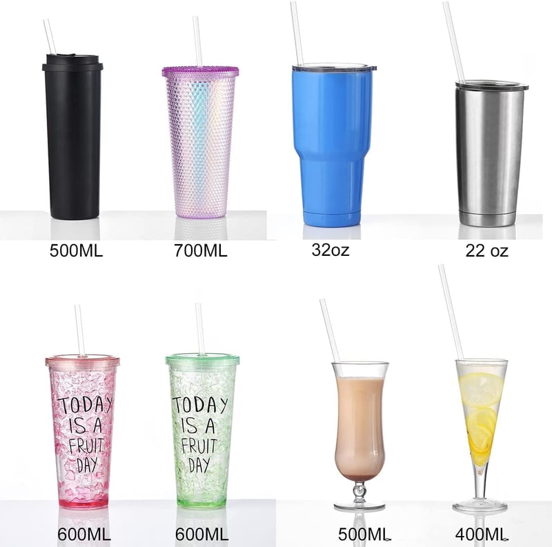 VITEVER 12 db-os Csillogó, Újrahasználható Átlátszó Műanyag Szívószál Készlet, 28 cm, Tisztítókefével