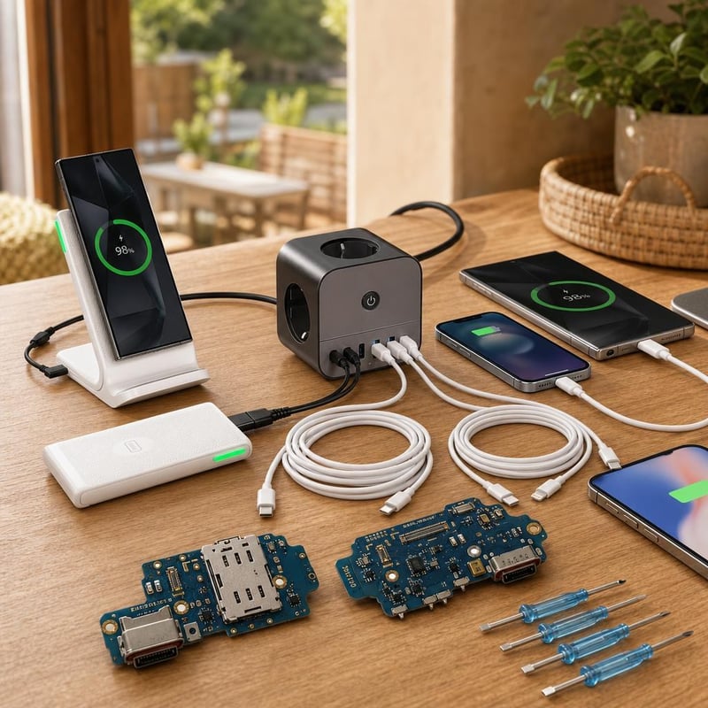 Ultimate punjač set: 7-portni punjač + bežični punjač + 2 Lightning + USB-C + 20.000 mAh power bank + S24
