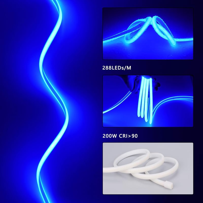 BENLUN COB LED Szalag 20m - 220-230V Kültéri IP65 Vízálló Kék Világítás, Nagy Fényerejű 200W, EU Csatlakozóval, Beltéri-Kültéri Használatra