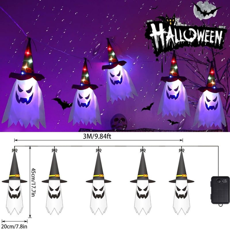 Sunshine smile Halloween Kültéri Dekoráció - 5db Világító Függő Szellem Szett - Boszorkánykalap és Szellemdíszek Kertbe, Fára, Partira - Újr