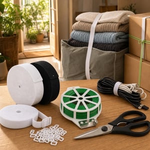 Set organizare mutare: 2×10m bandă elastică + 150m sârmă legat + foarfecă bucătărie + 50 bride velcro
