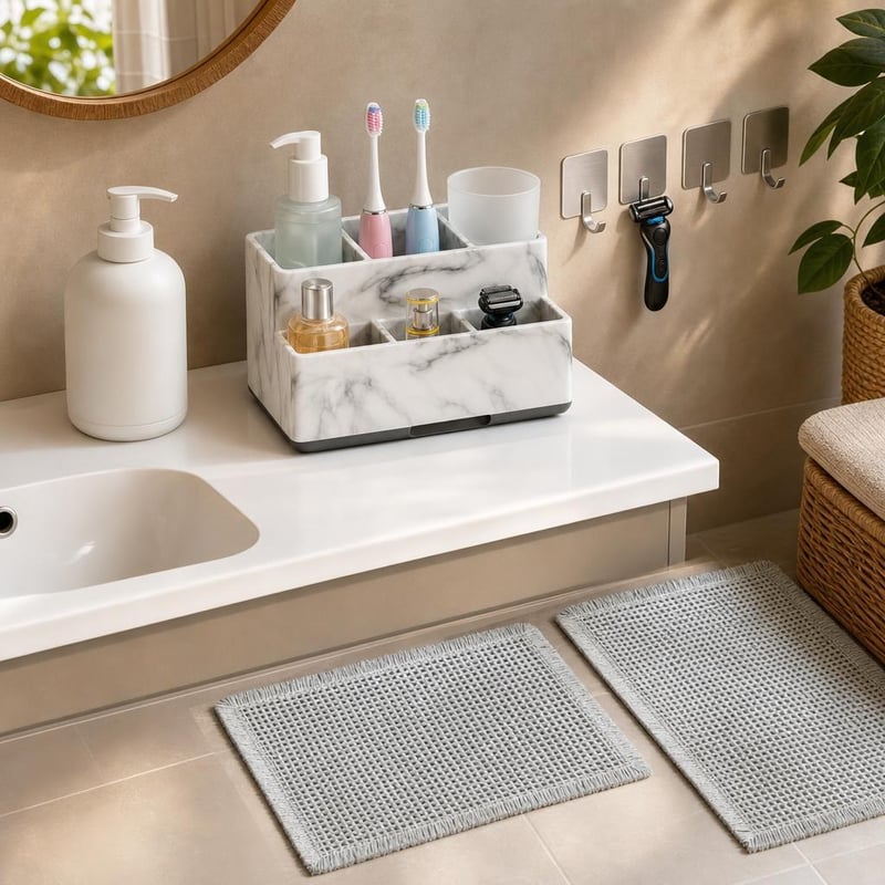 Boho set za kupaonicu: 1x držač četkica + 1x čaša + 2x tepih + 1x dozator sapuna + 4x kuka