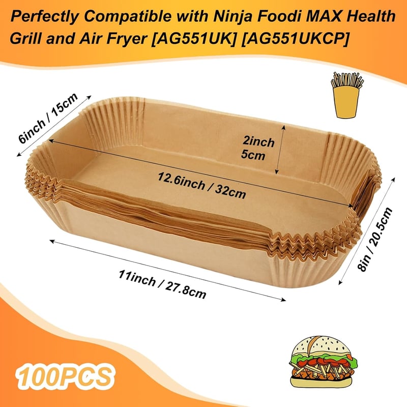 BYKITCHEN Sütőpapír Ninja Foodi MAX Grillhez és Airfryerhez - 100db Tapadásmentes Légkeveréses Sütőlap AG551EU Modellhez, 27,8×15cm