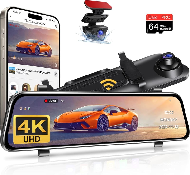 Vtopek 4K Autós Menetrögzítő 12" IPS Érintőképernyővel - Tükör Dashcam WiFi, 64GB, 1080P Tolatókamera, Éjjellátó, G-szenzor