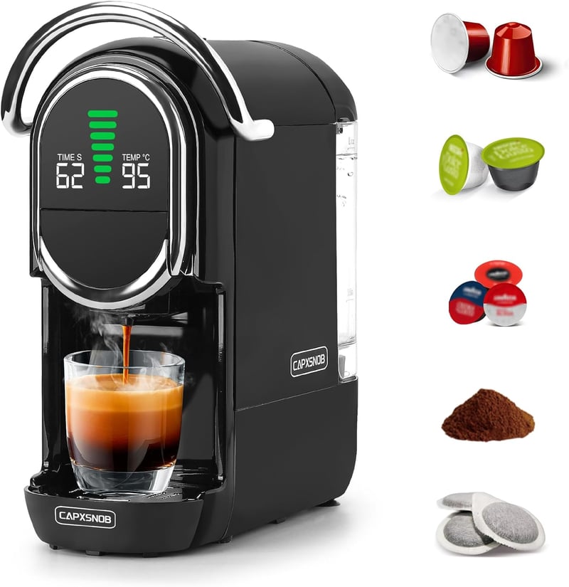 CAPXSNOB Magician1 Mini 5 az 1-ben Kávéfőző - Nespresso, Dolce Gusto, Lavazza Kompatibilis, 20 Bar, LED Kijelző, 7 Vízszint, Kompakt Kapszul - Black