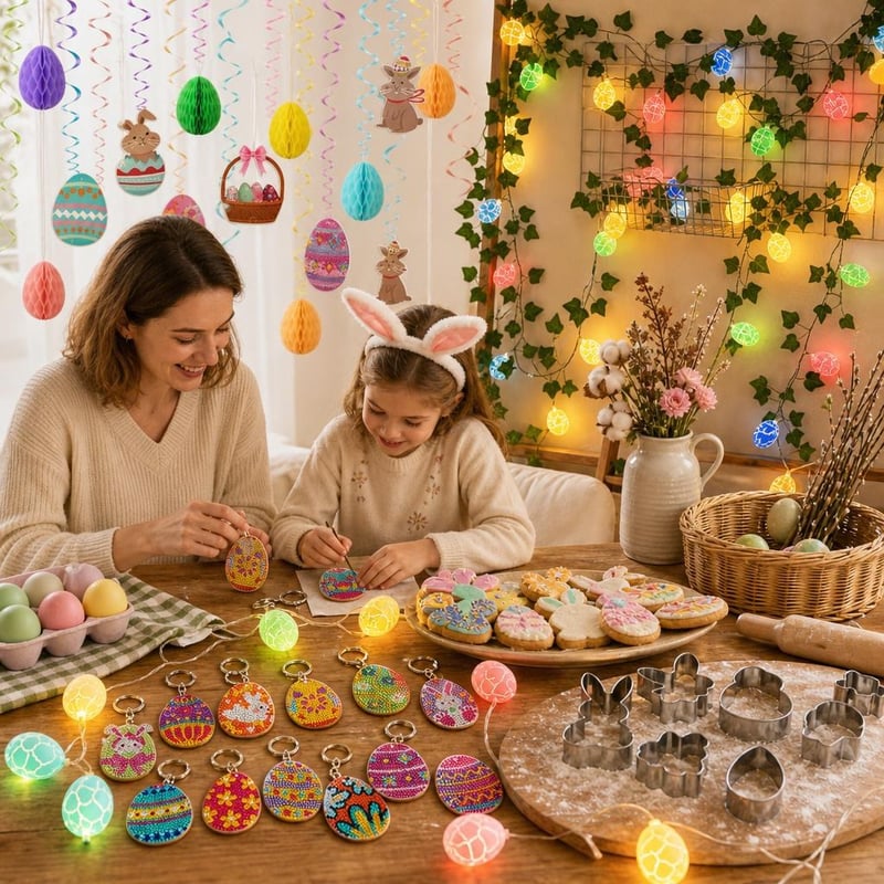 Uskrsni kreativni set: 15x privjesak za izradu + 24x viseći ukras + 2,3m LED lampice + 8x kalup za kekse