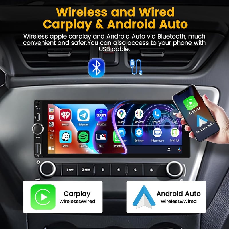 Hikity 1 DIN Autórádió 6.9" Érintőképernyővel - Vezeték Nélküli CarPlay, Android Auto, Bluetooth Kihangosító, Tolatókamera Bemenet, FM Rádió