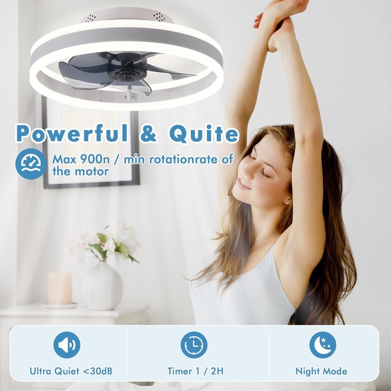 MOSSCO Mennyezeti Ventilátor LED Világítással, 40 cm, Távirányítós, Applikációval Vezérelhető, 3 Fényerő, 6 Sebességfokozat, Csendes Működés