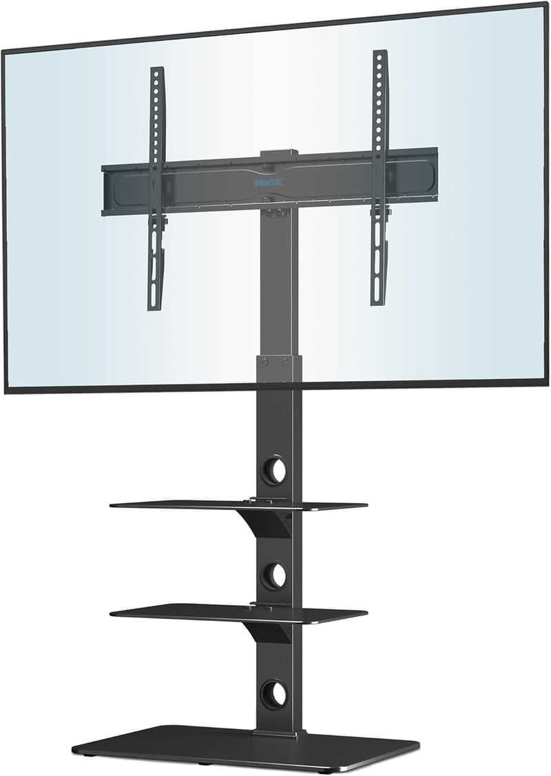 BONTEC TV Állvány 30-70 Hüvelykes Televíziókhoz, Magasságállítható Padlóállvány 3 Edzett Üvegpolccal, 40kg Teherbírás, VESA 600x400mm