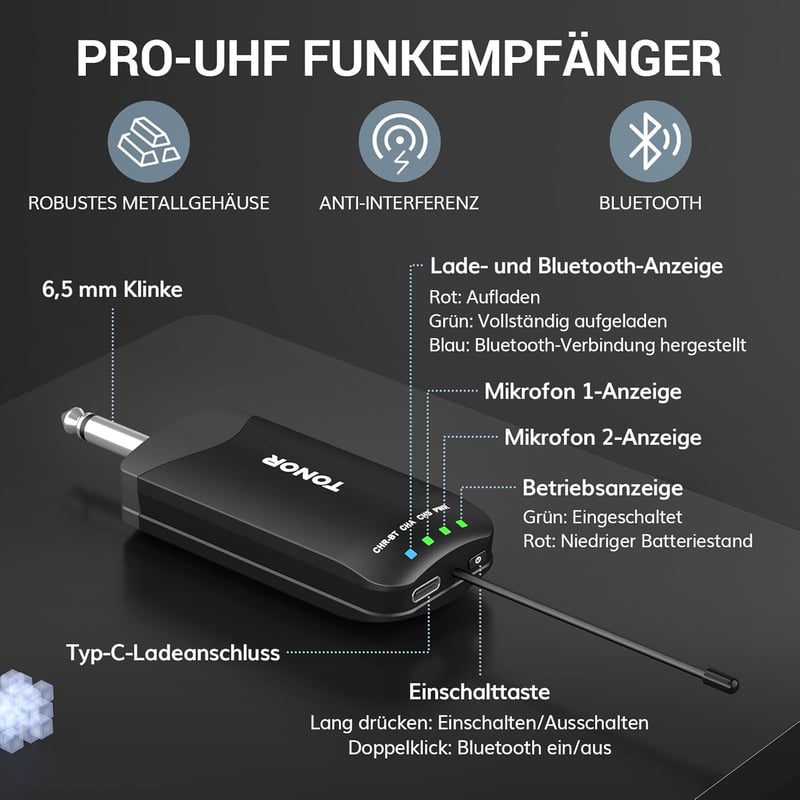 TONOR TW720 Bluetooth Vezeték Nélküli Mikrofon Szett - UHF Fém Újratölthető Mikrofonok (2db) 7-9 óra üzemidő