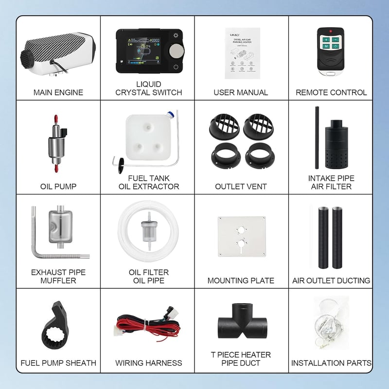 LIKACI 5KW-8KW Dízel Állófűtés 12V/24V Bluetooth Vezérléssel - LCD Kijelzős Léghevítő Távirányítóval Lakóautókhoz, Garázsokhoz