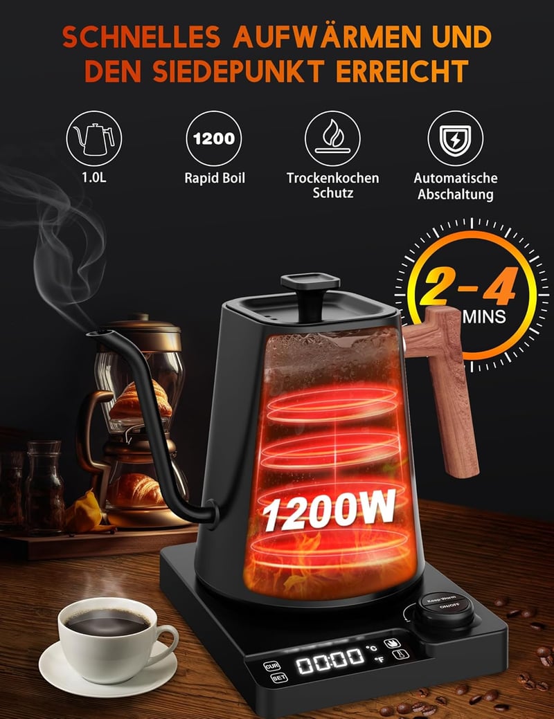 Gooseneck Elektromos Vízforraló Hőmérséklet Szabályozással, 1L, 1200W