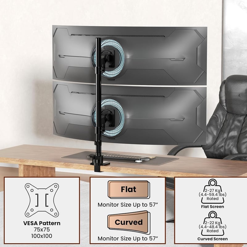 Pro Monitor tartó 2 monitorhoz egymás felett, 24-57 hüvelykes lapos és ívelt képernyőkhöz, 2-27 kg teherbírás karonként, állítható magasság, VES