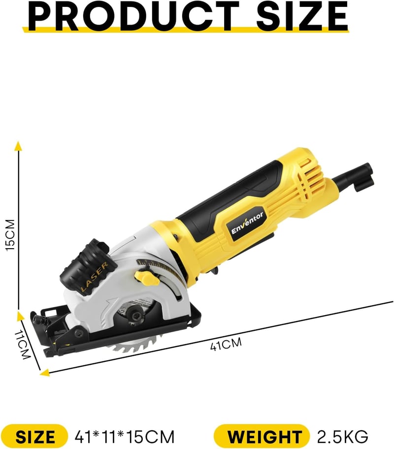 Enventor 580W Mini Körfűrész 3 Fűrészlappal, Lézeres Vezetővel, 4000 RPM, Állítható Vágásmélységgel, Fa, Csempe, Műanyag és Vékony Fém Vágás