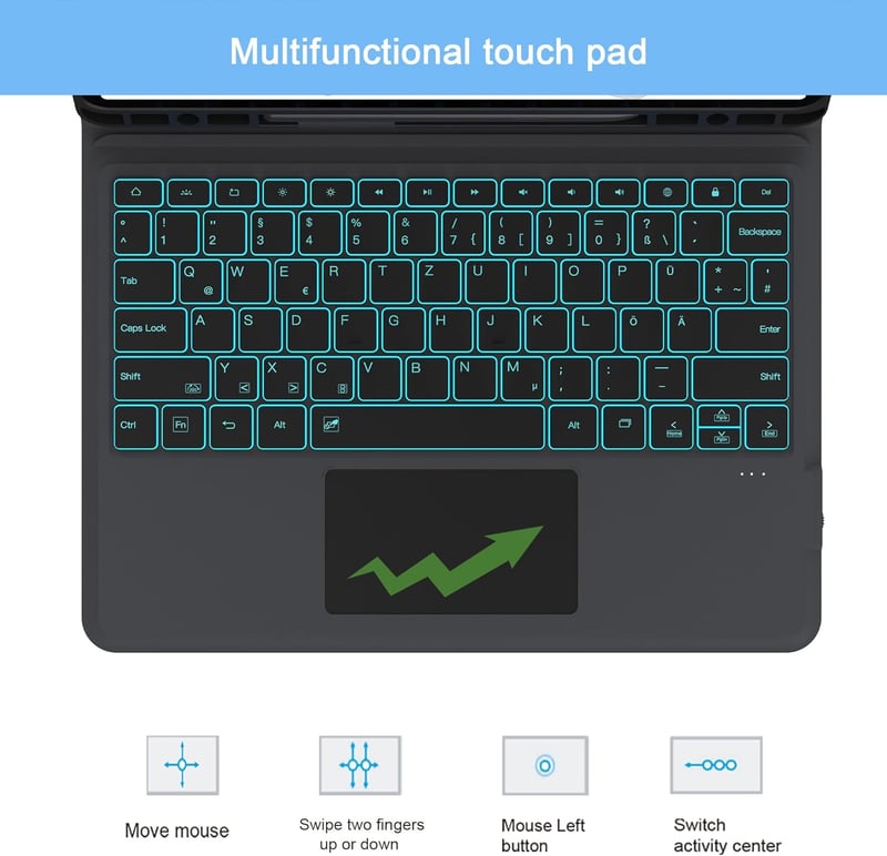ROOFEI Billentyűzetes Tok Samsung Galaxy Tab S7 FE/S8+/S7+ 12,4" Tablethez - QWERTZ, 7 Színű Háttérvilágítás, Állvány, S Pen Tartó