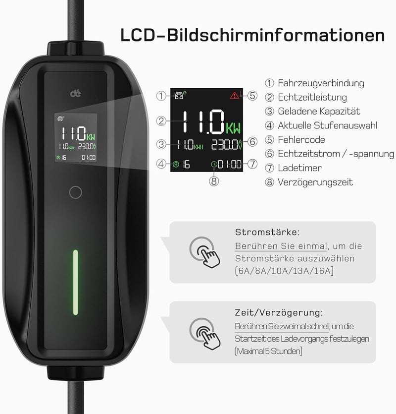 dé Mobile Wallbox 11 kW háromfázisú elektromos autó töltőállomás 7m kábellel