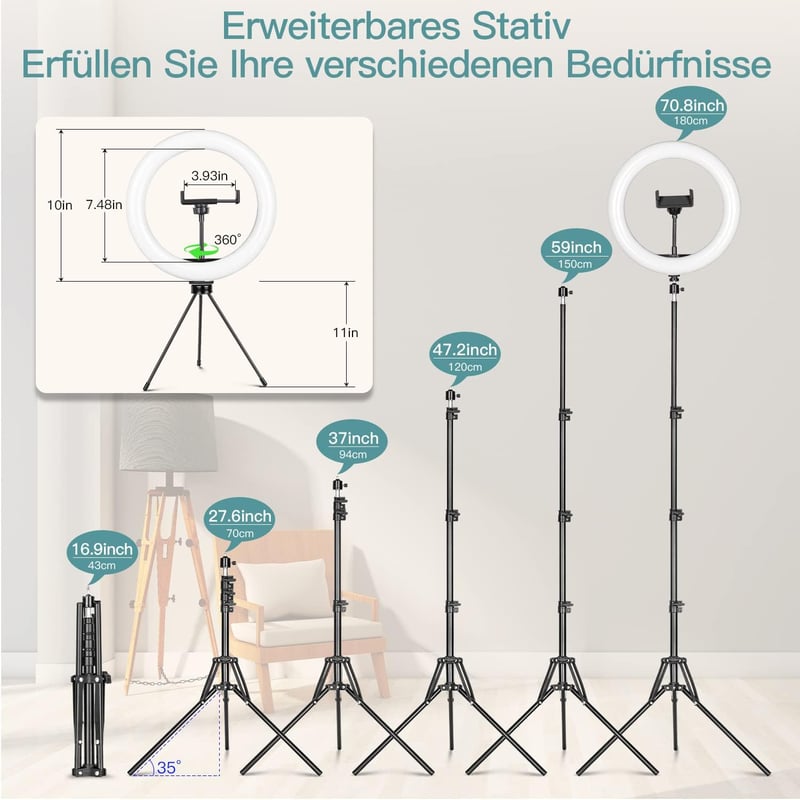 daphomeu 10 Colos LED Körfény Állvánnyal és Dupla Telefontartóval - 3 Színű, 10 Fényerőszintű Szelfi Gyűrűlámpa Távirányítóval YouTube, TikT