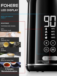 FOHERE Dupla falú vízforraló hőmérséklet-szabályozással, LCD kijelzővel, 1.7L, fekete 3