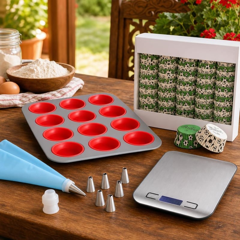 Futbalová muffin sada: 2000x košíčky + 12-dielna forma + 8-dielna zdobiaca sada + digitálna váha