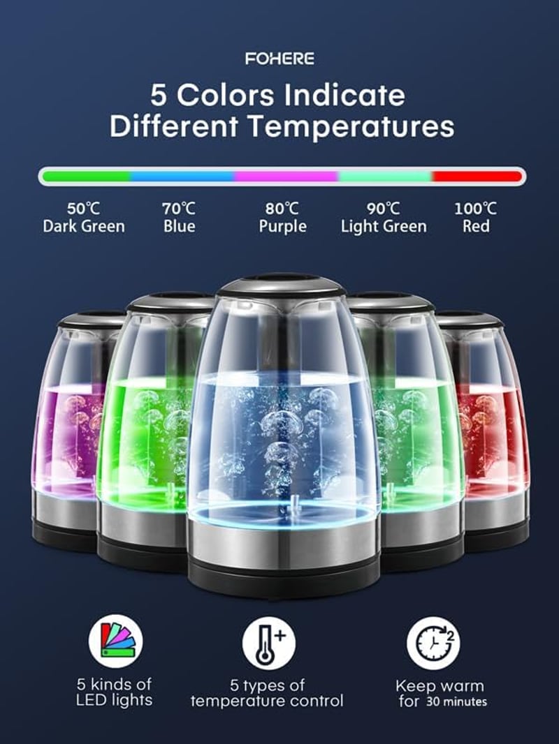 FOHERE üveg vízforraló 5 hőfokbeállítással, LED-del, melegen tartó funkcióval, 1.7L
