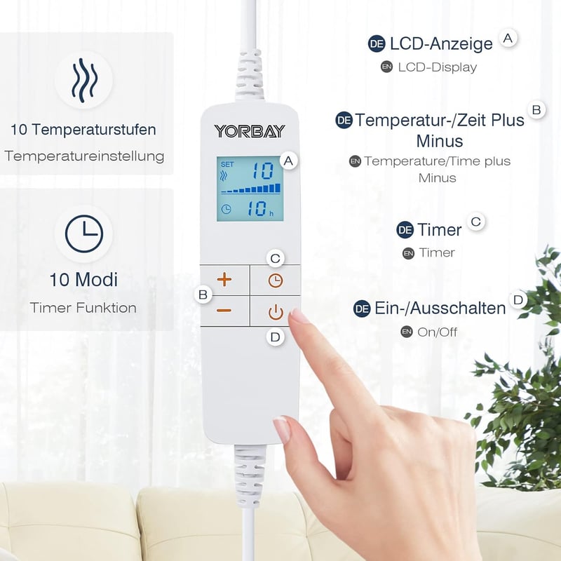 Yorbay XXL elektromos takaró - 180x130 cm, mosható, 10 fokozatú, időzíthető