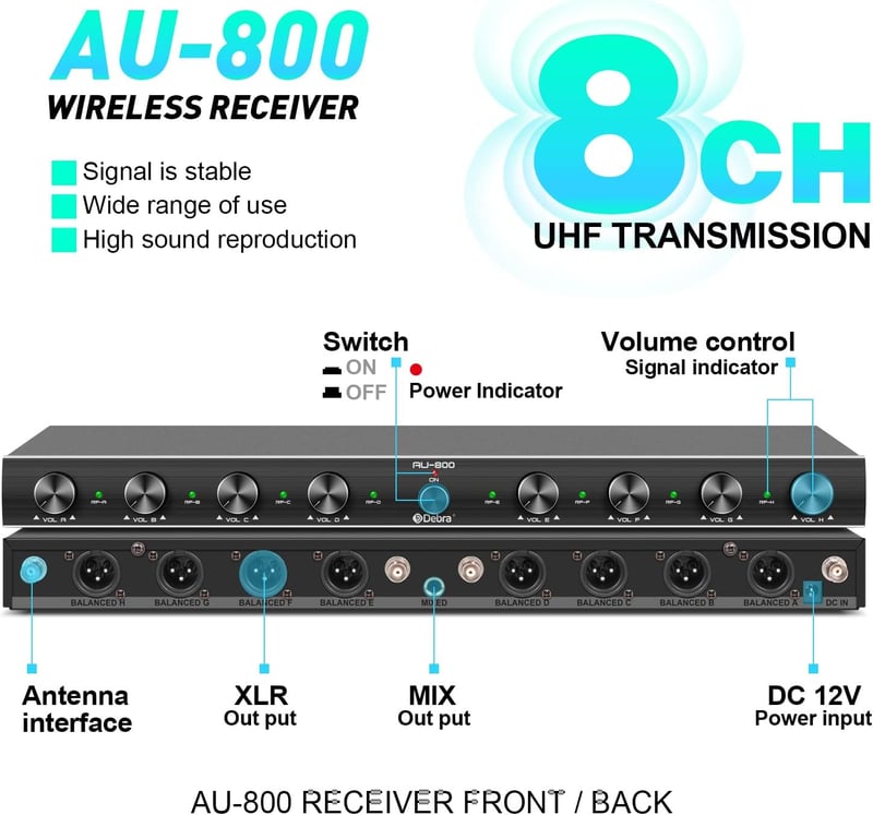D Debra Audio AU800 Pro UHF 8 csatornás vezeték nélküli mikrofon rendszer, 4 kézi mikrofon és 4 testcsipesz, fém vevőegység karaokéhoz, rend