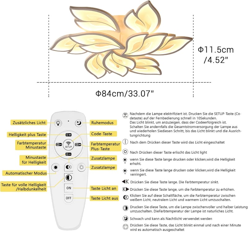 Sky angle LED Mennyezeti Lámpa Távirányítóval - Virág Alakú Dizájn, Fényerőszabályozható, 9 Fejes, 84 cm Átmérőjű, Nappali és Hálószoba Vilá