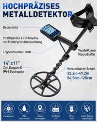 Hazlewolke Professzionális Fémdetektor 14" Vízálló DD Keresőtekerccsel - 33 cm Keresési Mélység, 4 Üzemmód, Pinpoint Funkcióval, Fémkereső F 6