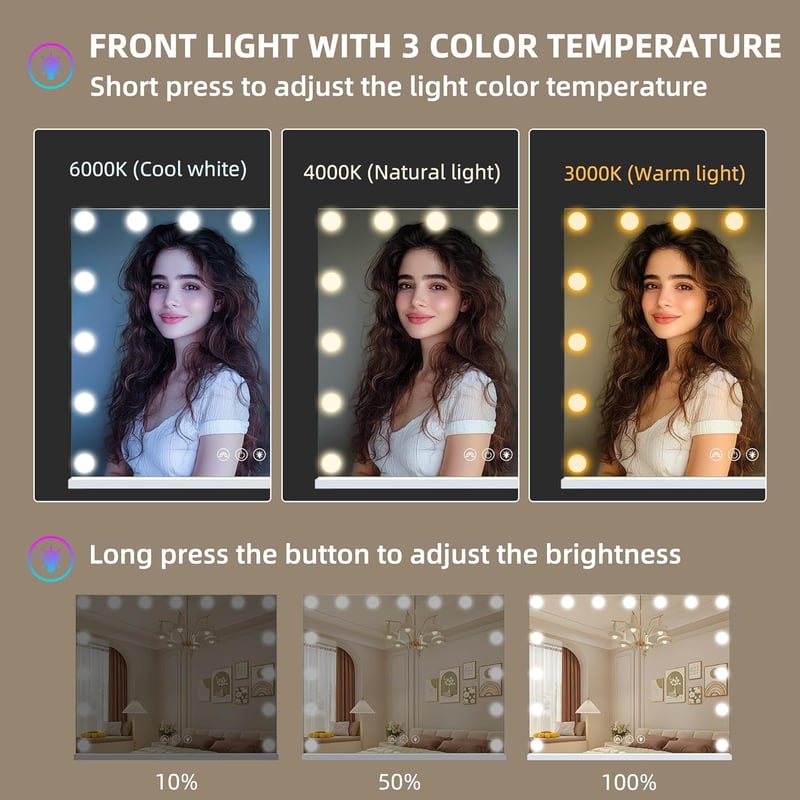 RGB Sminktükör LED Világítással - 65*56 cm - 15 Fényerőszintű Hollywood Tükör 3 Színhőmérséklettel, Érintésvezérléssel
