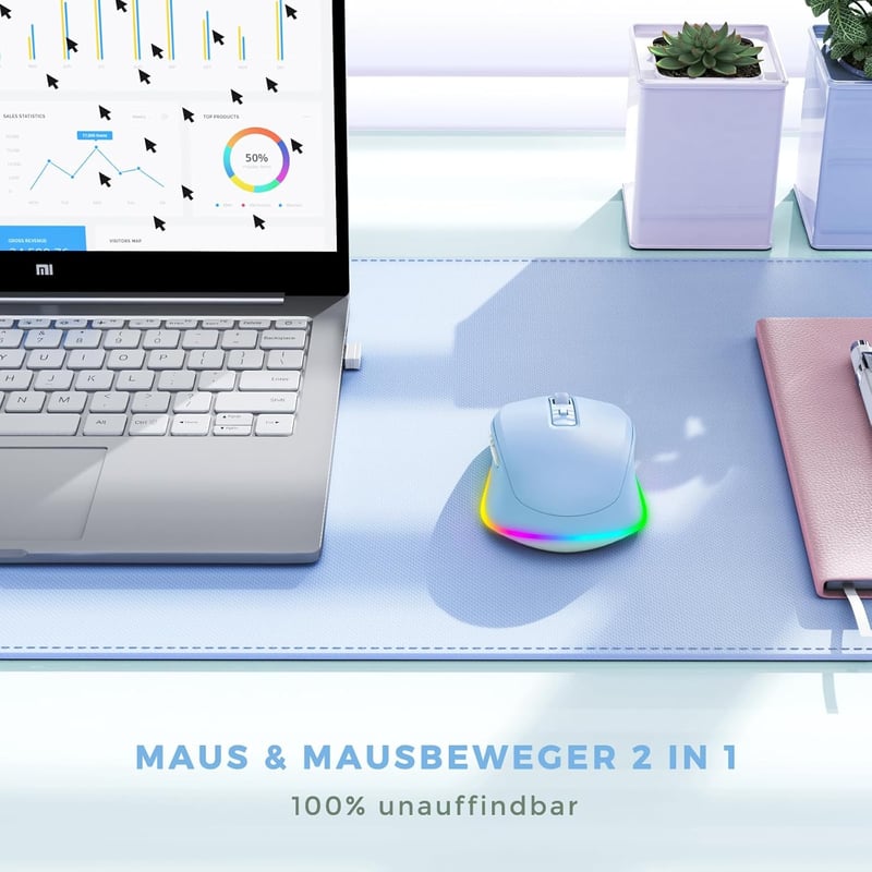 Seenda Vezeték Nélküli LED Egér, Újratölthető Jiggler Funkcióval, Csendes 2.4G USB Egér Laptophoz, 2000 DPI, Világoskék