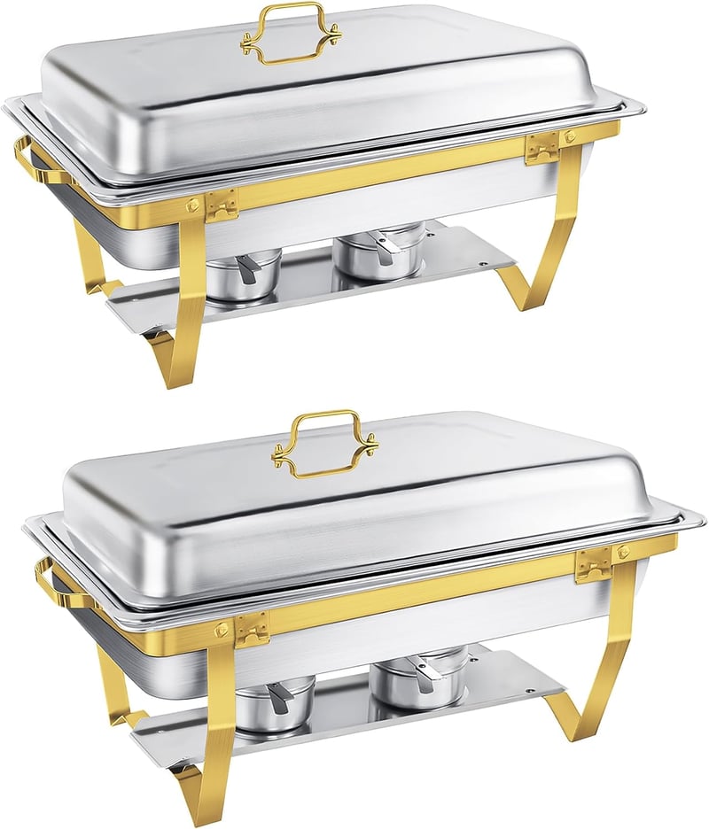 WENMILY 9L Rozsdamentes Acél Ételmelegítő Szett - 2 db Arany Színű Négyzetes Chafing Dish Tálalóedény Gördülő Peremmel, Partikra és Büféaszt