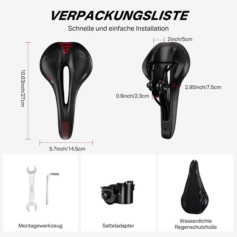 YOUNGDO Gél Kerékpárülés - Ergonomikus, Légáteresztő, Ütéselnyelő MTB Nyereg Vízálló Borítással, Piros, 100kg Teherbírás - Black+red, MTB-145mm, MTB-Red-145mm, Foam