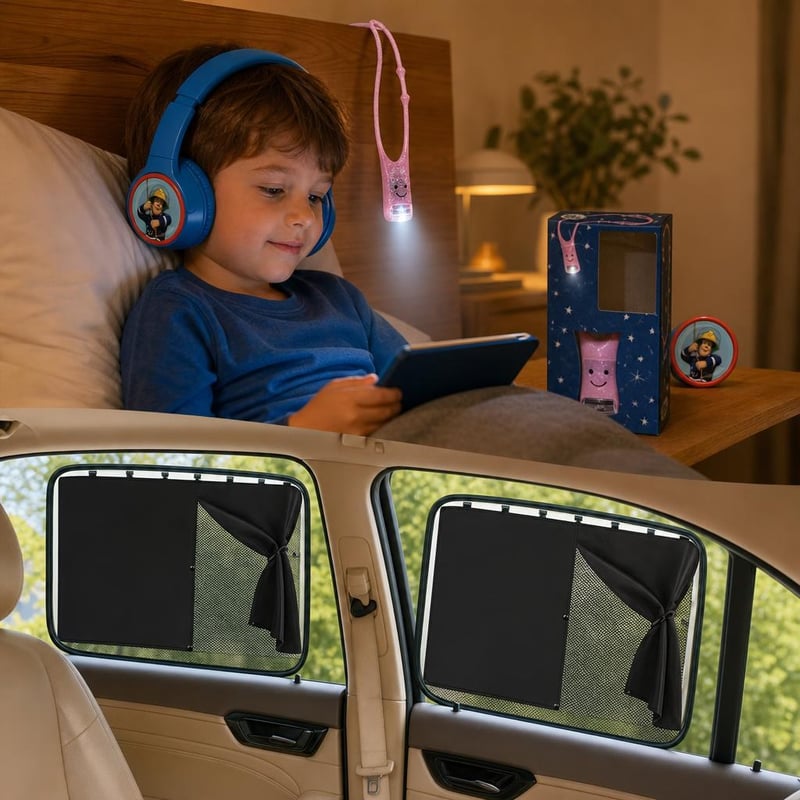 Pachet Aventuri de Seară: Audiochip Pompierul Sam + lampă lectură + 2 perdele auto UV
