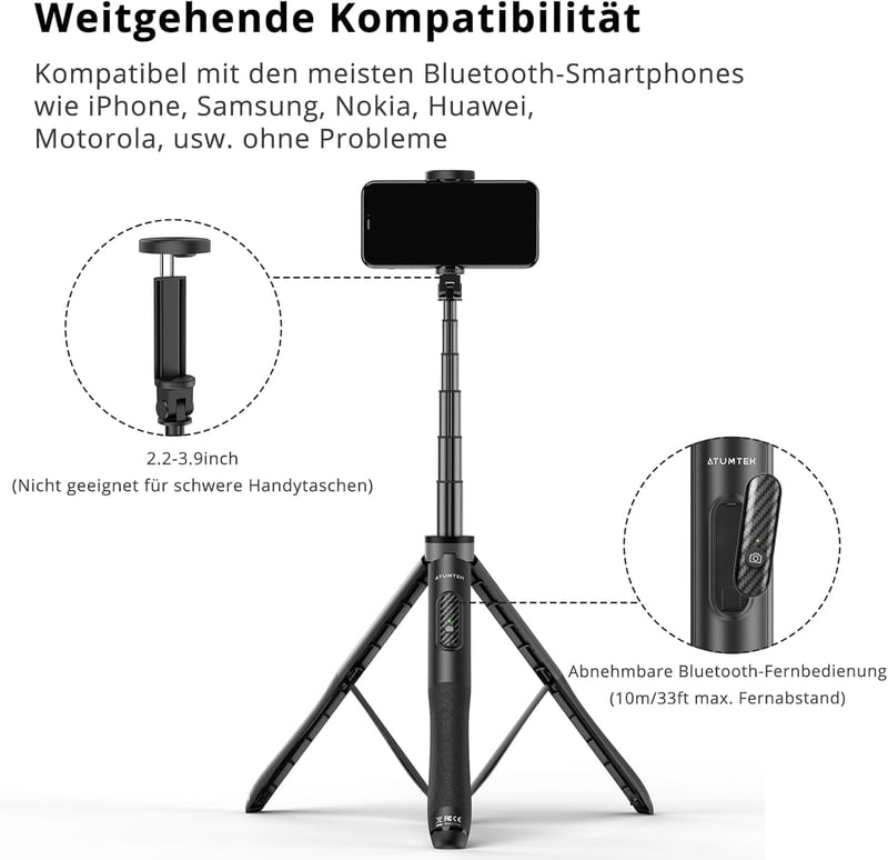 ATUMTEK 130cm-es Bluetooth Szelfibot Állvánnyal - iPhone és Android Kompatibilis
