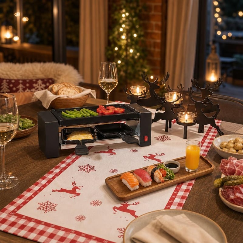 Raclette balíček: gril + servírovací tácka + behúň + 4x svietnik sob