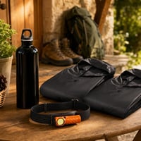 Turistický kemping balík: fľaša na sýtené nápoje + čelovka + 2x pršiplášť 1