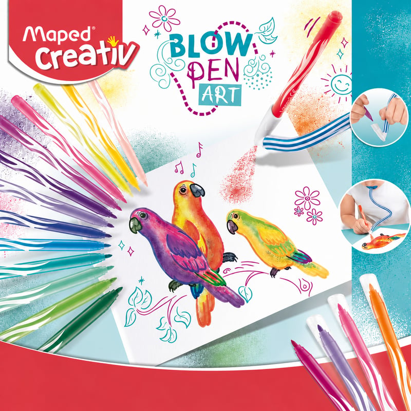 Maped Creativ Blow Pen Art súprava fúkacích fixiek s farebnými fixkami a tryskou, na kreatívne kreslenie pre deti od 5 rokov — 22-dielna súprava