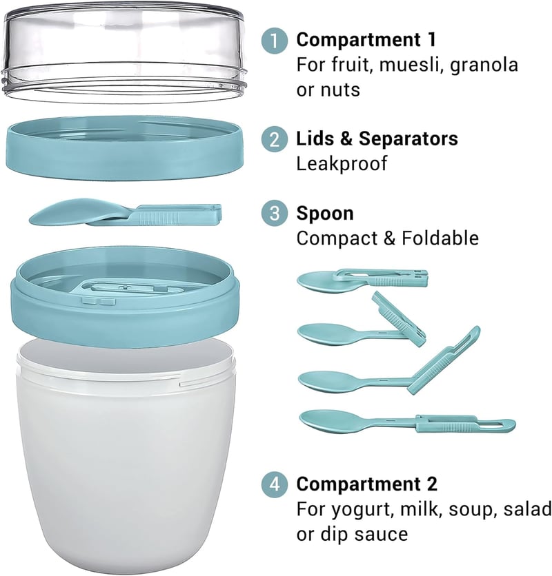 Crystalia Overnight Oats Tároló Szett - 2 db Kék Müzlis Pohár Kanállal, BPA-mentes, Légmentes, Hordozható Joghurt és Chia Puding Tárolóedény
