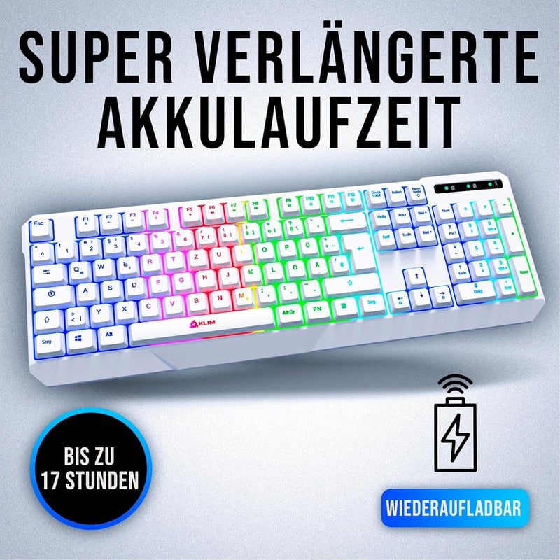 KLIM Chroma Vezeték Nélküli Gamer Billentyűzet - Tartós, Vízálló, RGB Háttérvilágítás, PC PS4 PS5 Mac Kompatibilis, Fehér