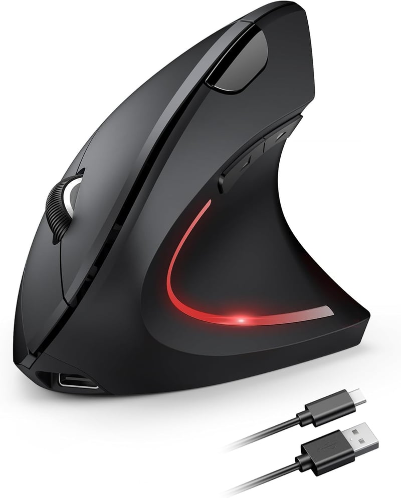 TECKNET Ergonomikus Vezeték Nélküli Egér - Újratölthető, 4800 DPI, Csendes Kattintás, 6 Gomb, LED Kijelző, Fekete