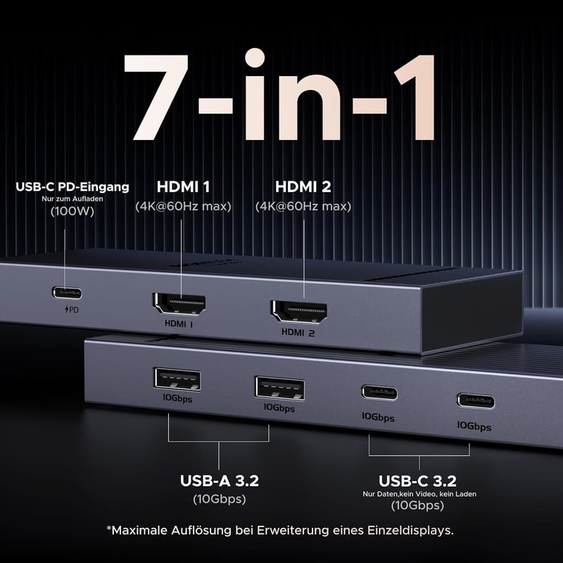 UGREEN Revodok Pro USB C Hub 10Gbps Dokkoló - 2 HDMI 4K@60Hz Kettős Kijelző, 100W PD Töltés, USB 3.2 Portok, XPS, Chromebook, Surface Pro Ko